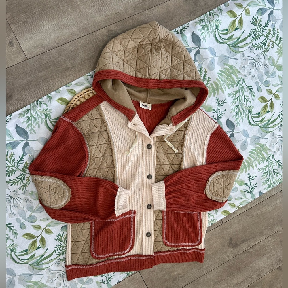 New BiBi Women’s Thermal Quilted Waffle Sweater Patchwork Shacket Jacket Size SM - Picture 10 of 16
